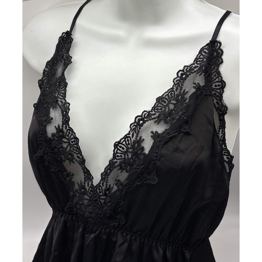 Slip Dress Nightie Nightgown black  satin lace Large EUC Elastic Waist - Picture 2 of 11